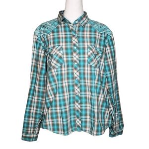 Panhandle Rough Stock Women's Turquoise Western Shirt, Snap Plaid Shirt Sz XL